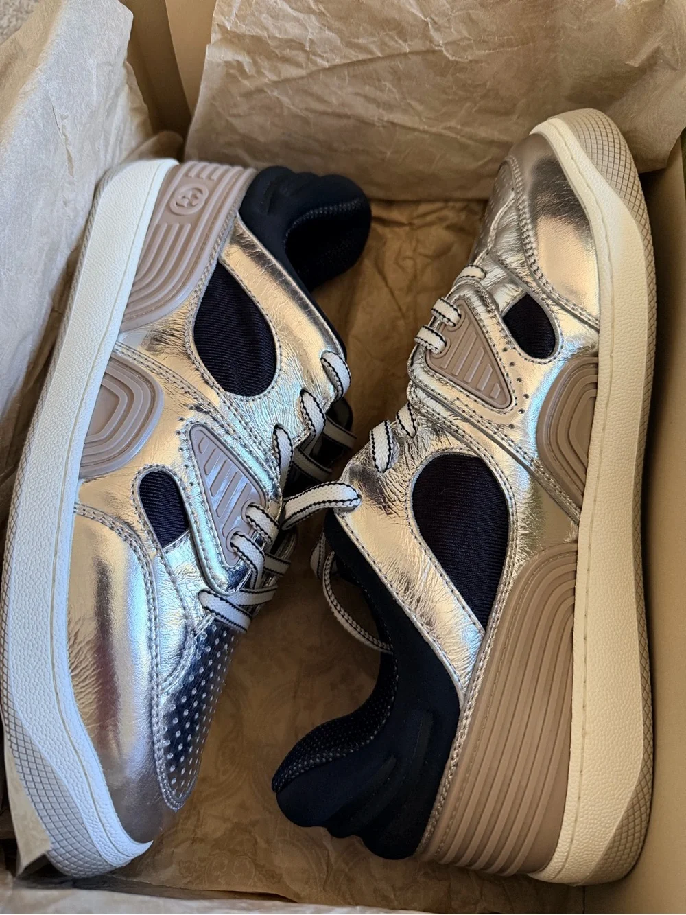 Gucci Metallic Silver and Black Athletic Sneakers